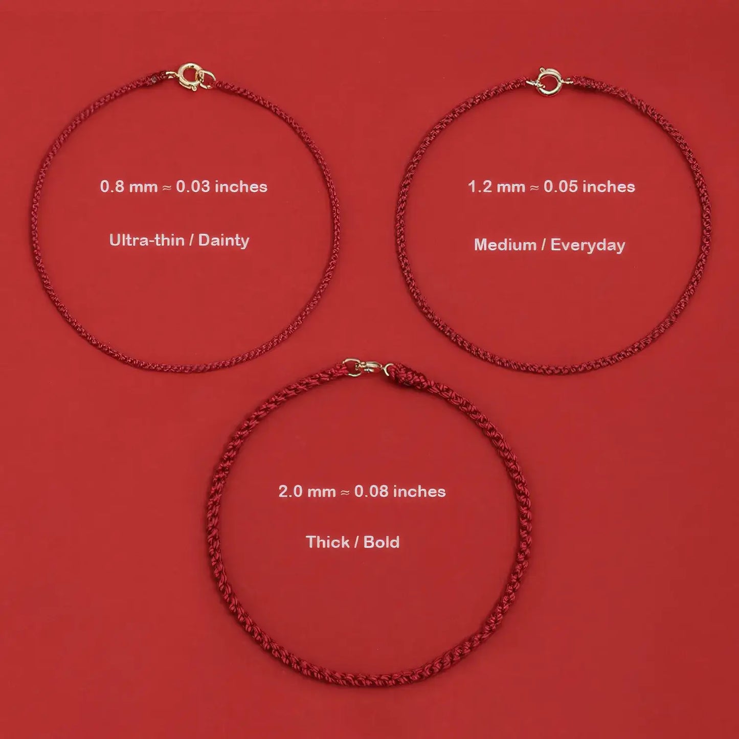 Three red necklaces of different thicknesses on a red background with measurements and descriptions.