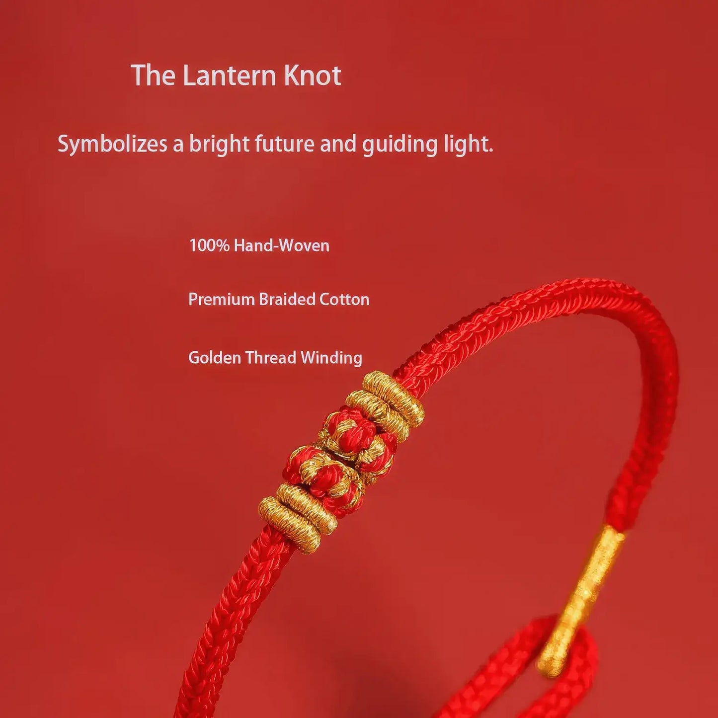 Red and gold bracelet with 'The Lantern Knot' on a red background
