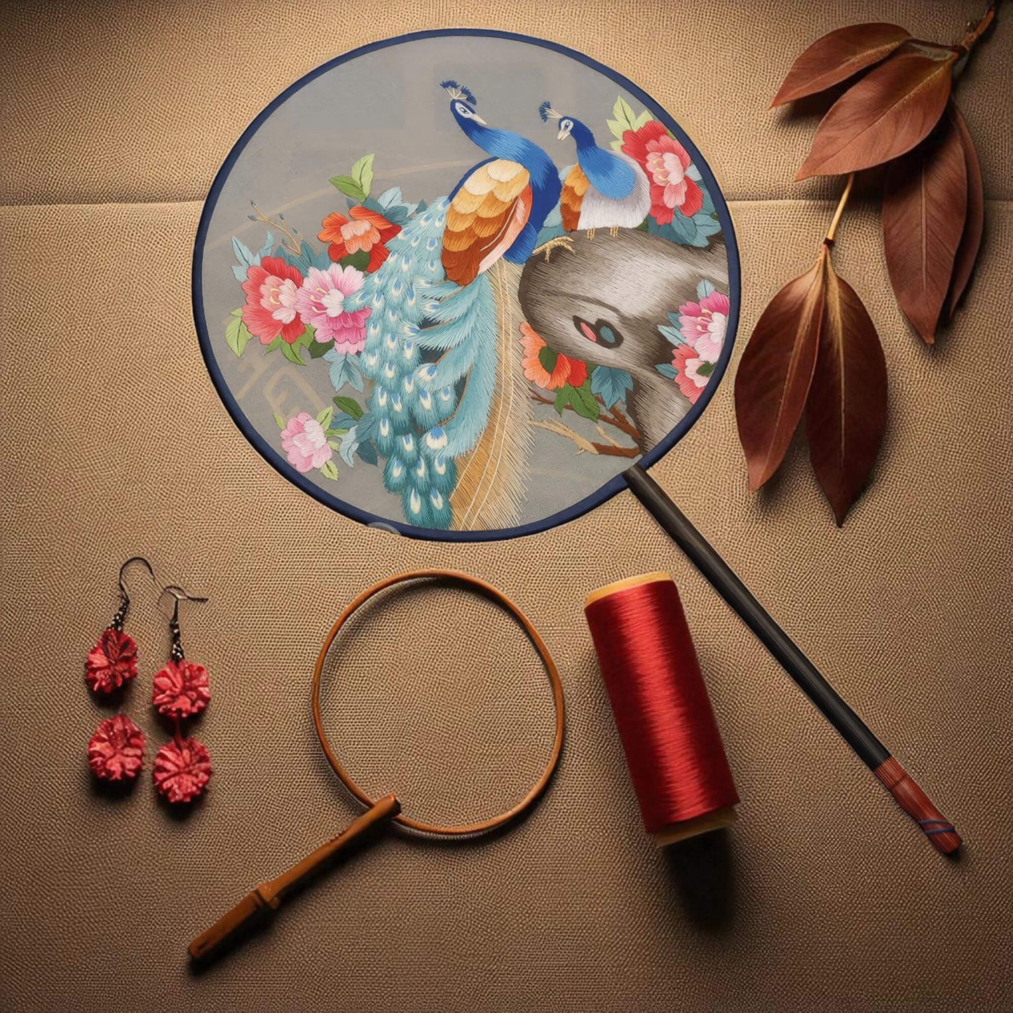 Decorative fan with peacock design, earrings, magnifying glass, spool of thread, and paintbrush on a textured surface.