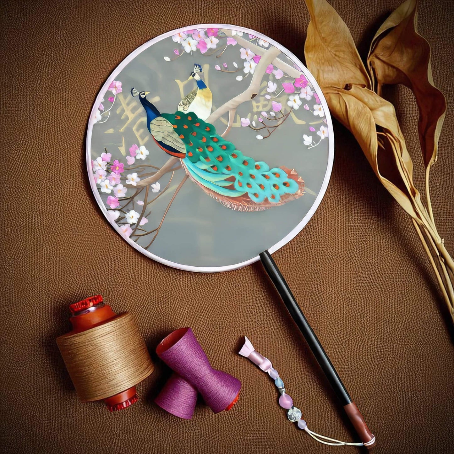 Decorative fan with peacock design on a brown surface with thread spools and a dried plant.