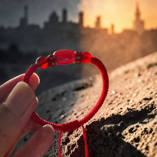 Red bracelet held against a sunset backdrop with a castle silhouette