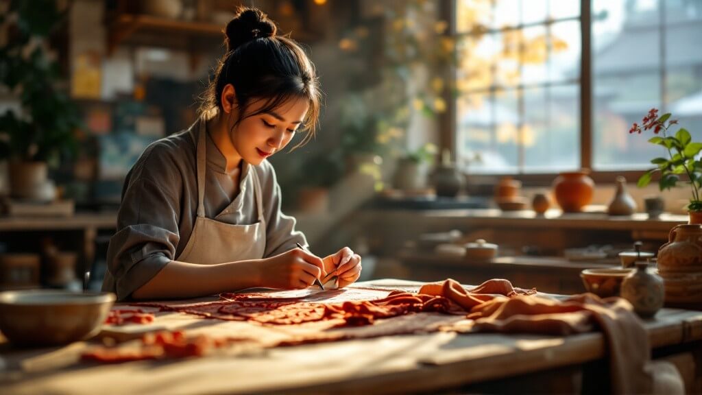 An artisan's hands practicing the intricate art of Suzhou embroidery in a traditional workshop, representing the city's living intangible cultural heritage.