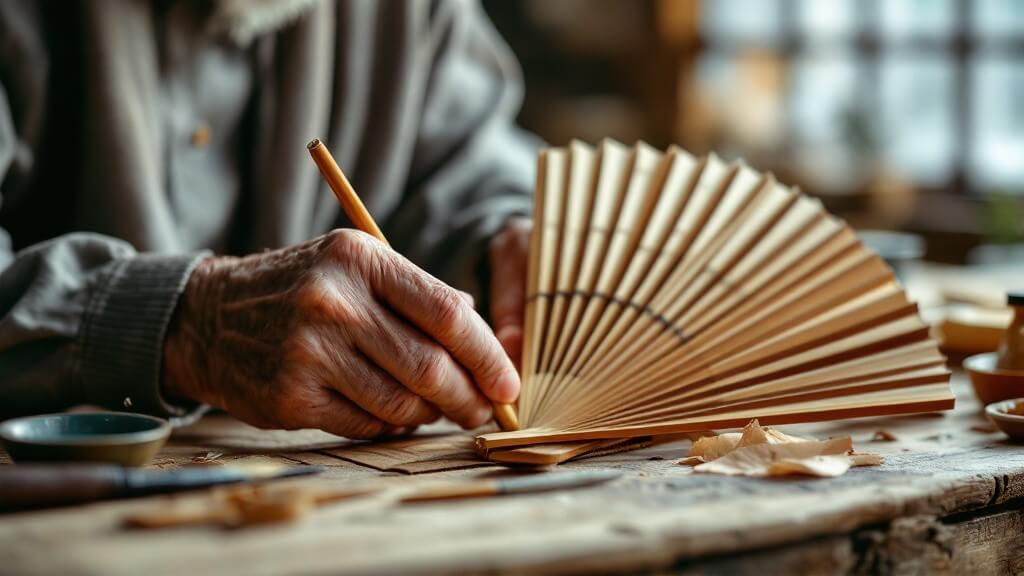 An elderly master artisan's hands assembling a traditional Chinese hand-folded fan, representing the living heritage and meticulous craftsmanship of this intangible cultural heritage.