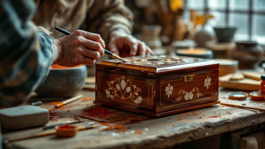 A master artisan's hands applying lacquer to a mother-of-pearl inlaid jewelry box, demonstrating the living heritage of Chinese lacquer art.