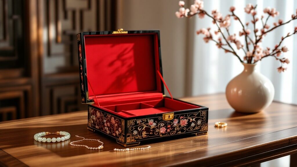 A beautifully crafted Pingyao lacquer jewelry box is open on a wooden table