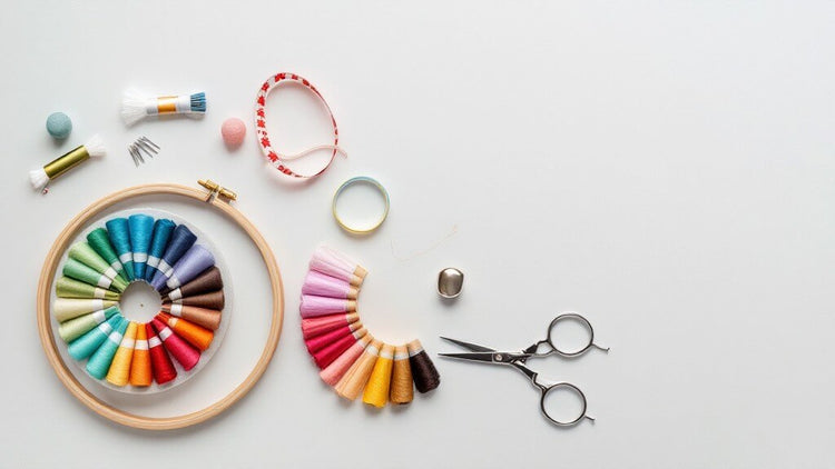 Complete set of professional embroidery accessories including hoops, silk threads, and tools arranged neatly for crafters.
