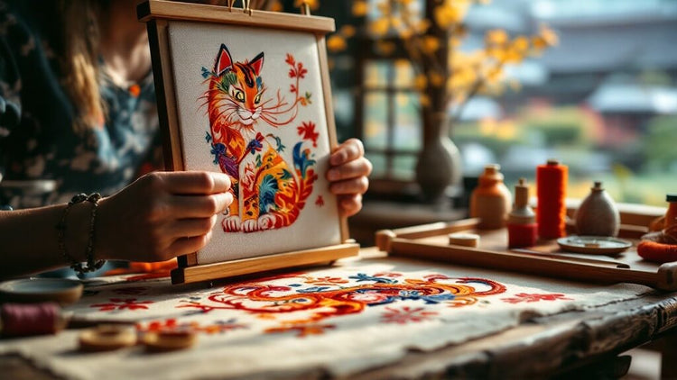 Artisan hands creating detailed Suzhou embroidery with silk threads in a traditional workshop, showcasing Chinese intangible cultural heritage.