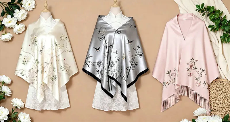 Three scarves displayed on mannequins with a beige background and floral decorations.
