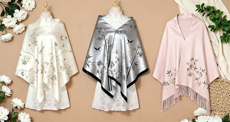 Three scarves displayed on mannequins with a beige background and floral decorations.