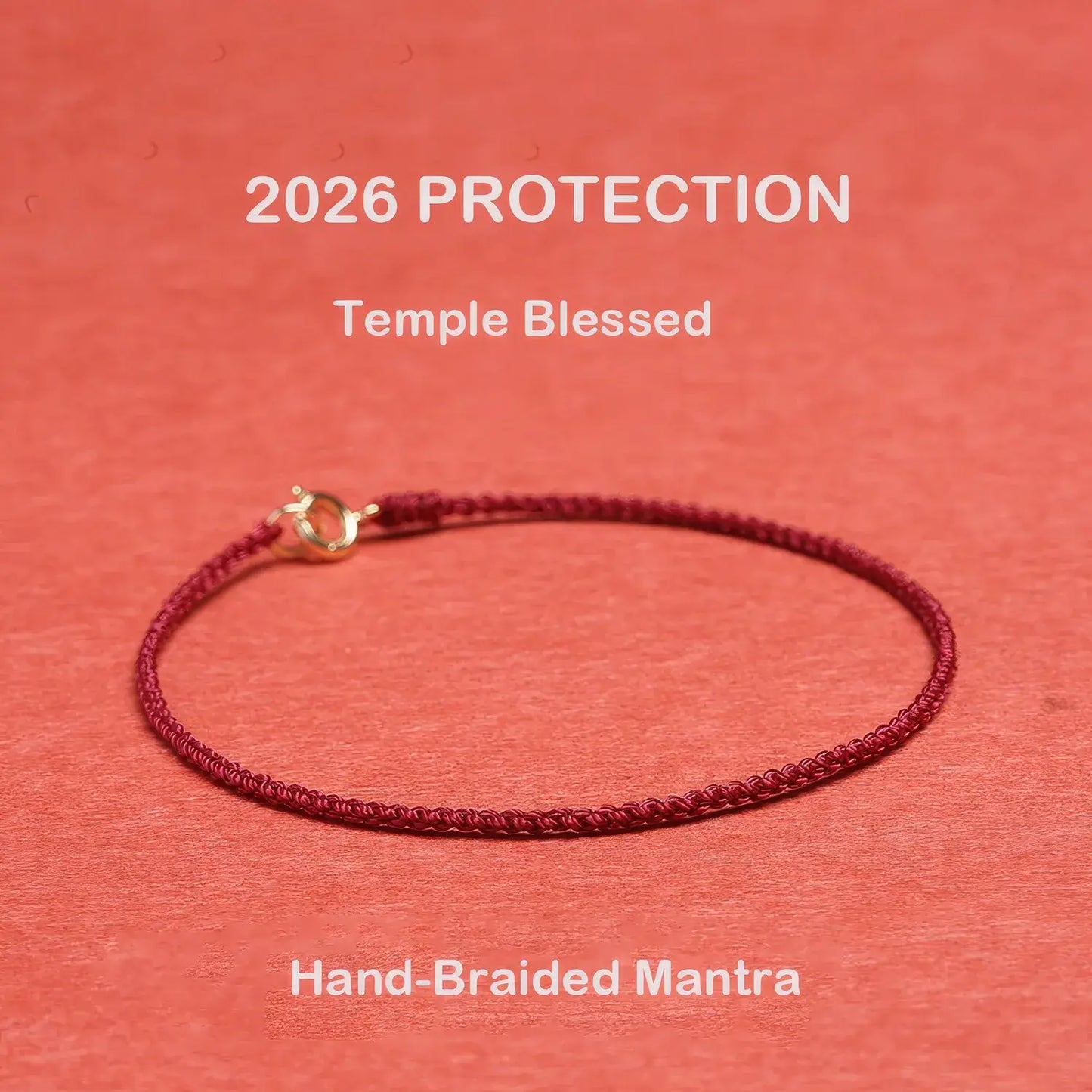 Hand-braided mantra bracelet on a red background with '2026 Protection' text.
