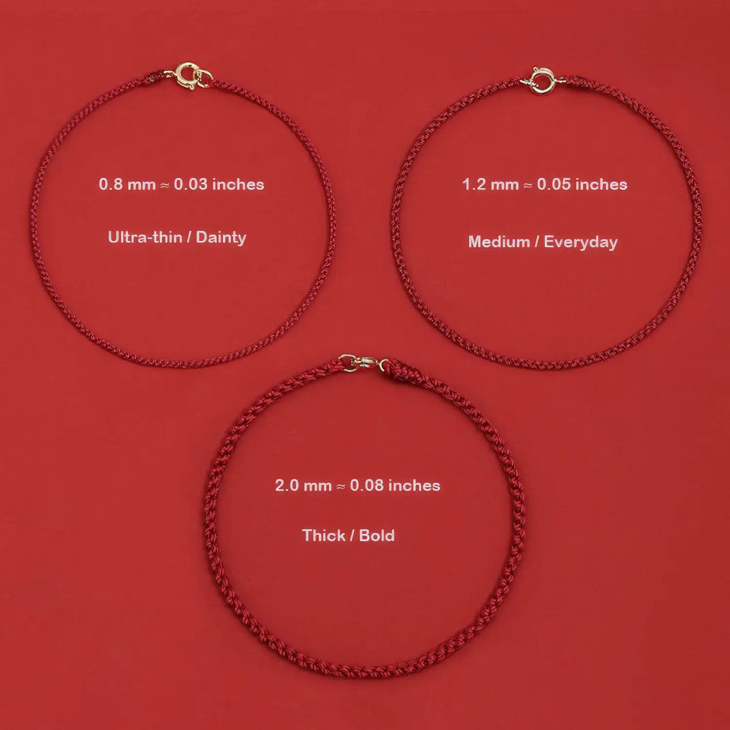 Three red necklaces of different thicknesses on a red background with measurements and descriptions.