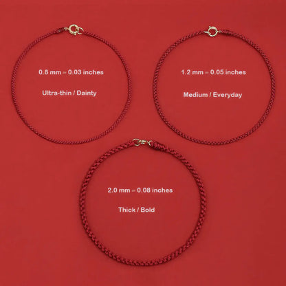 Three red necklaces of different thicknesses on a red background with measurements and descriptions.