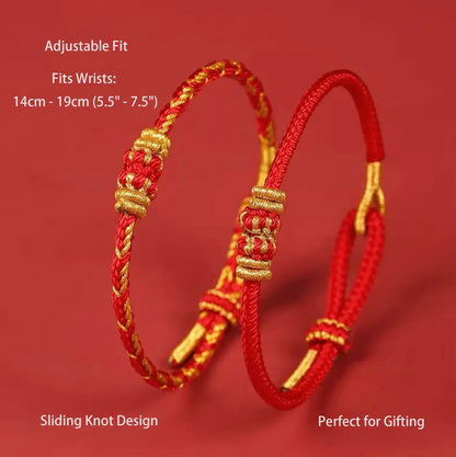 Red and gold bracelet with adjustable fit on a red background