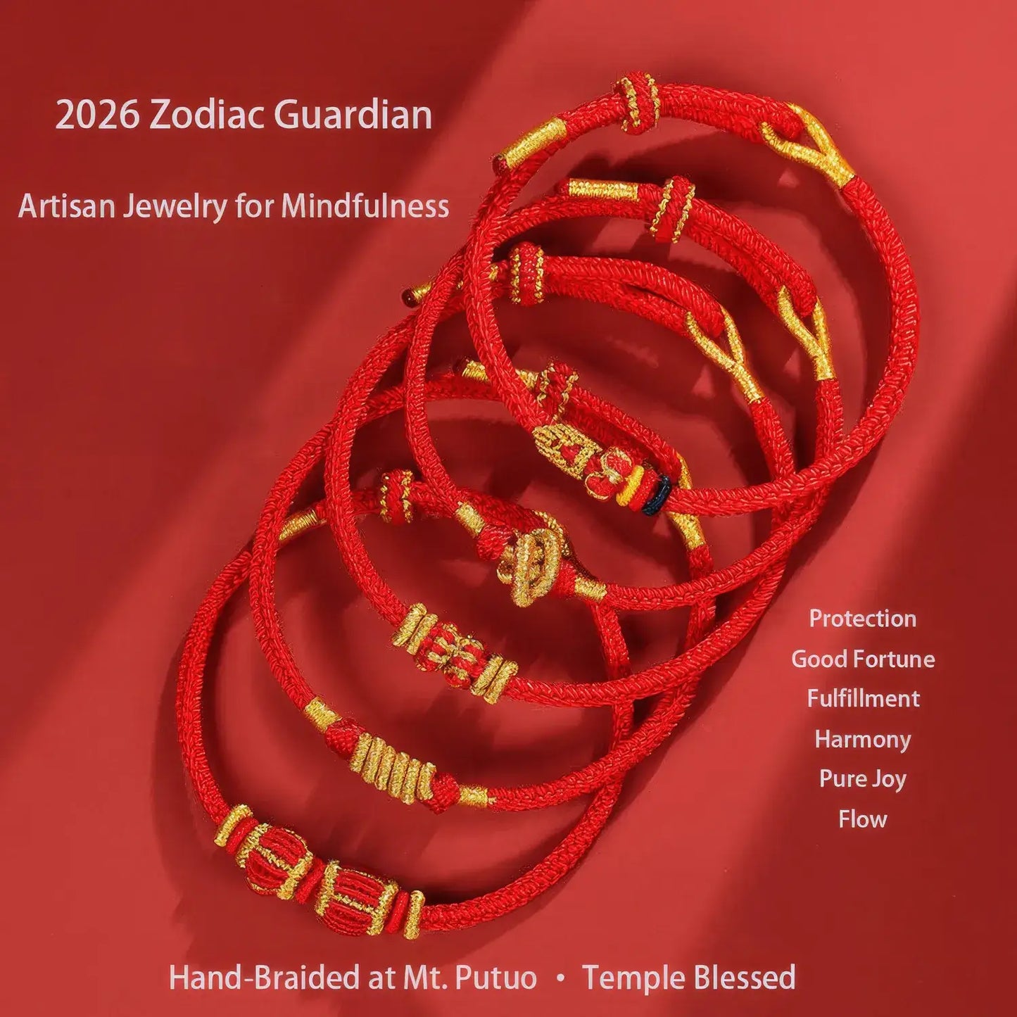 Red and gold braided bracelets on a red background with text about 2026 Zodiac Guardian jewelry.