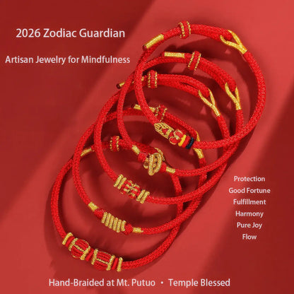 Red and gold braided bracelets on a red background with text about 2026 Zodiac Guardian jewelry.