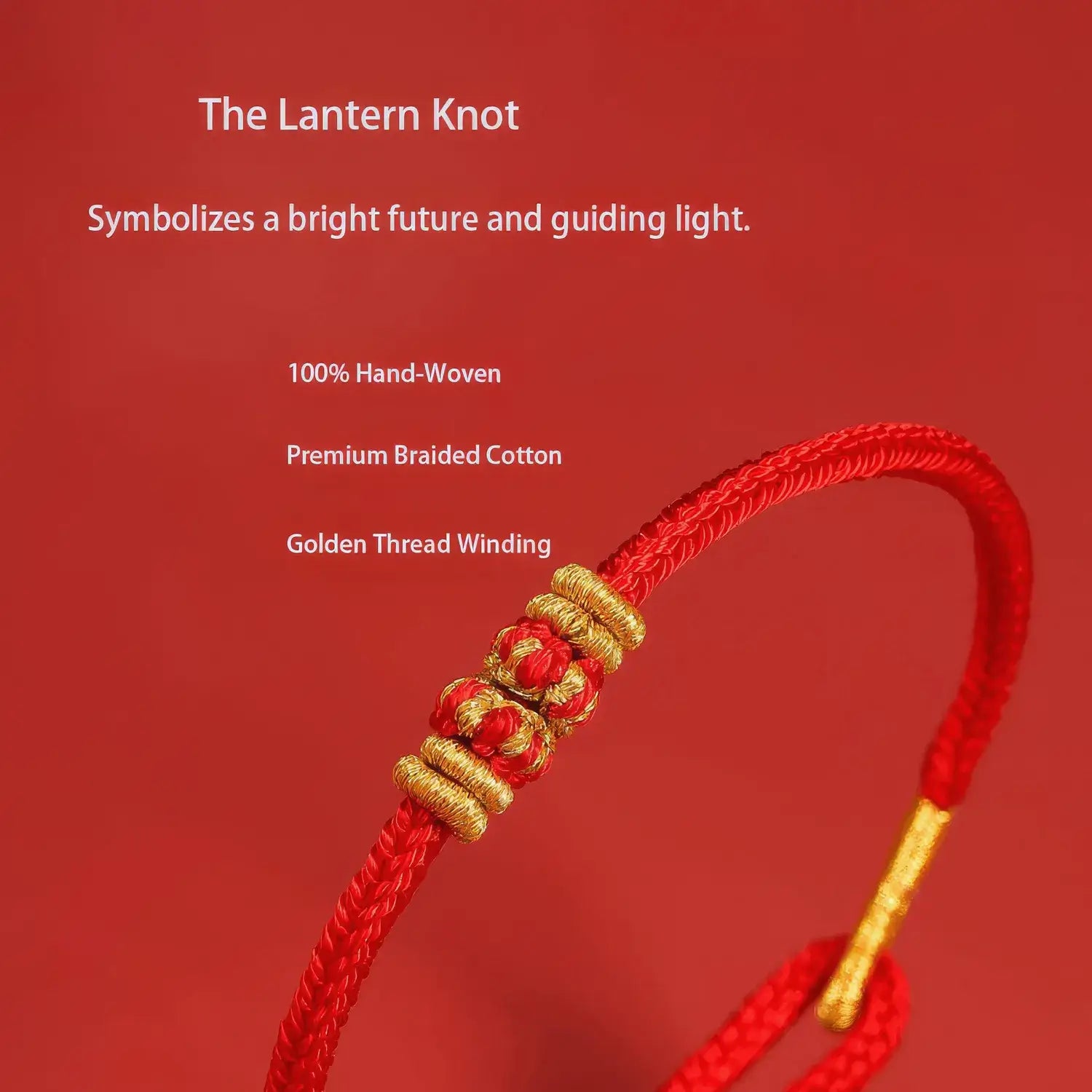 Red and gold bracelet with 'The Lantern Knot' on a red background