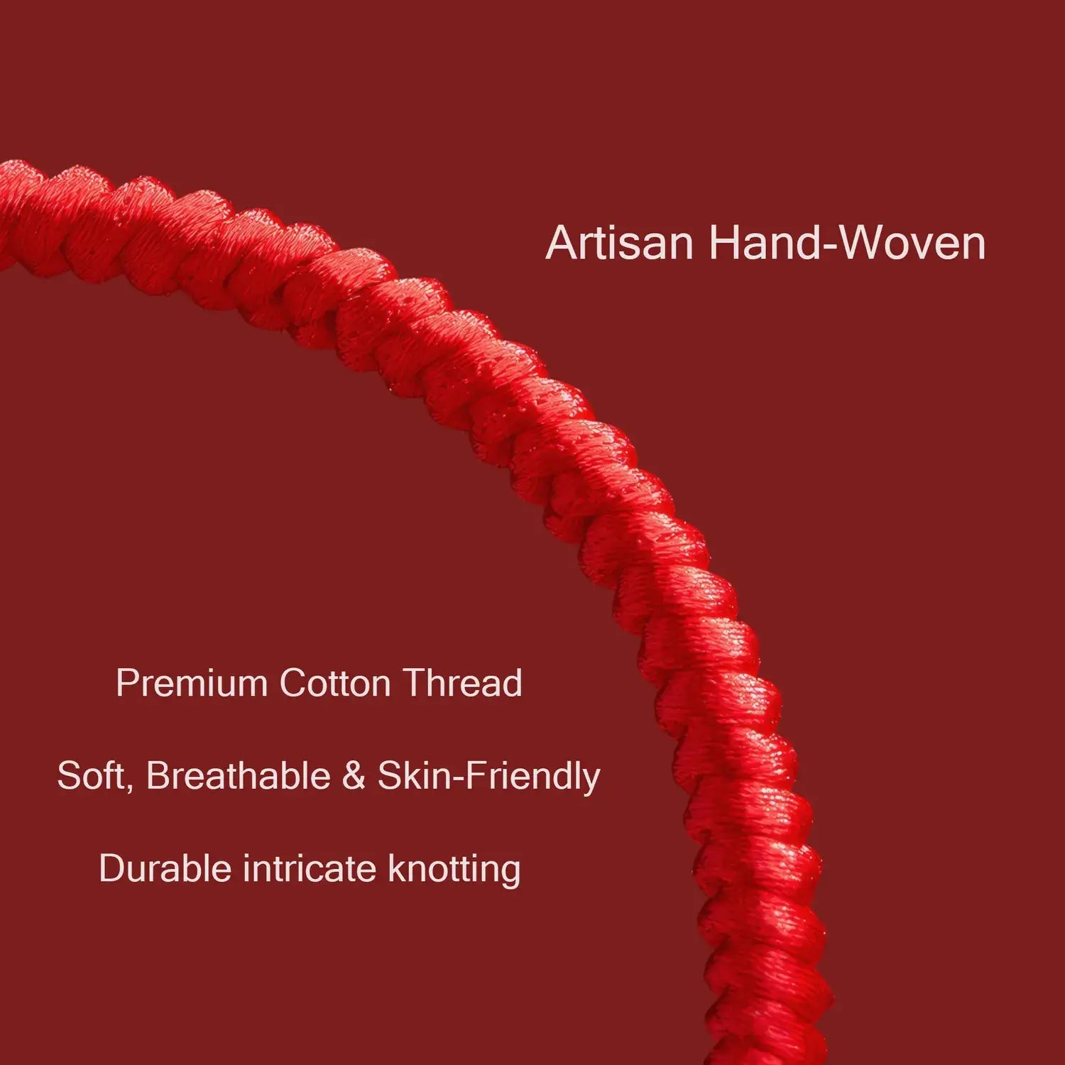 Red artisan hand-woven cotton thread on a red background with text describing its features.