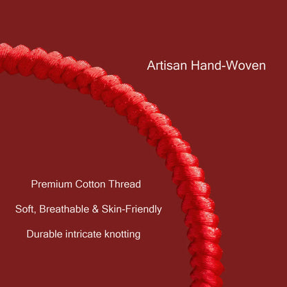 Red artisan hand-woven cotton thread on a red background with text describing its features.