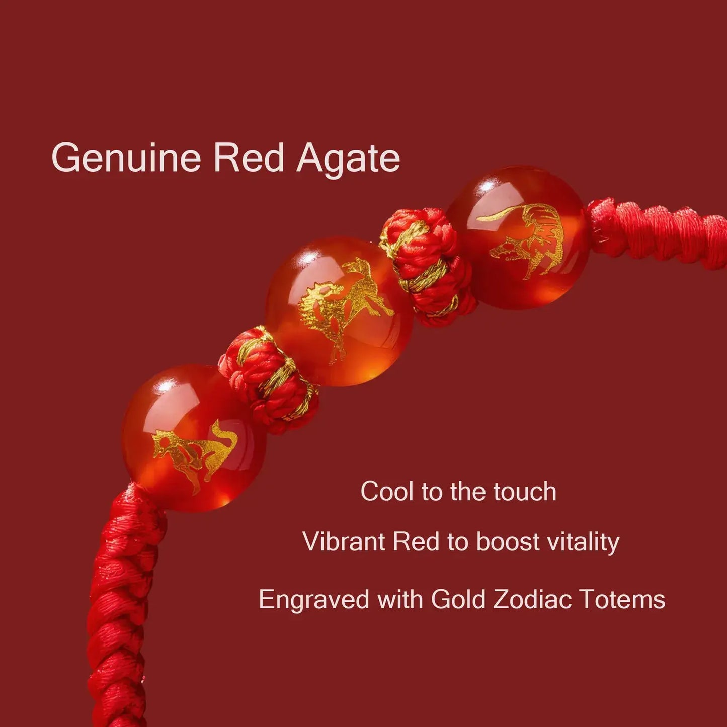 Red agate bracelet with gold zodiac totems on a red background