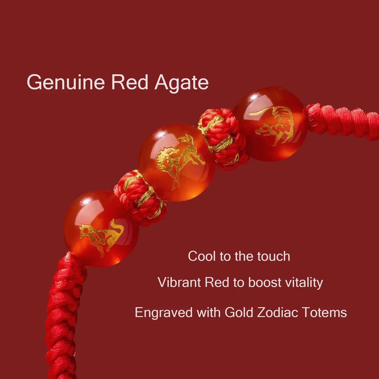 Red agate bracelet with gold zodiac totems on a red background