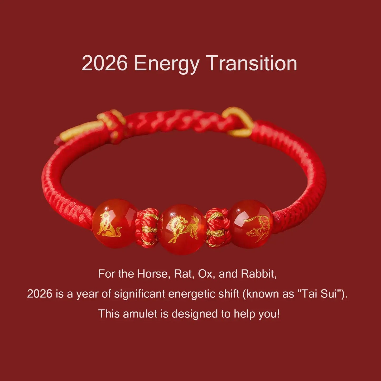 Red bracelet with gold accents and red beads on a red background, featuring text about 2026 energy transition.