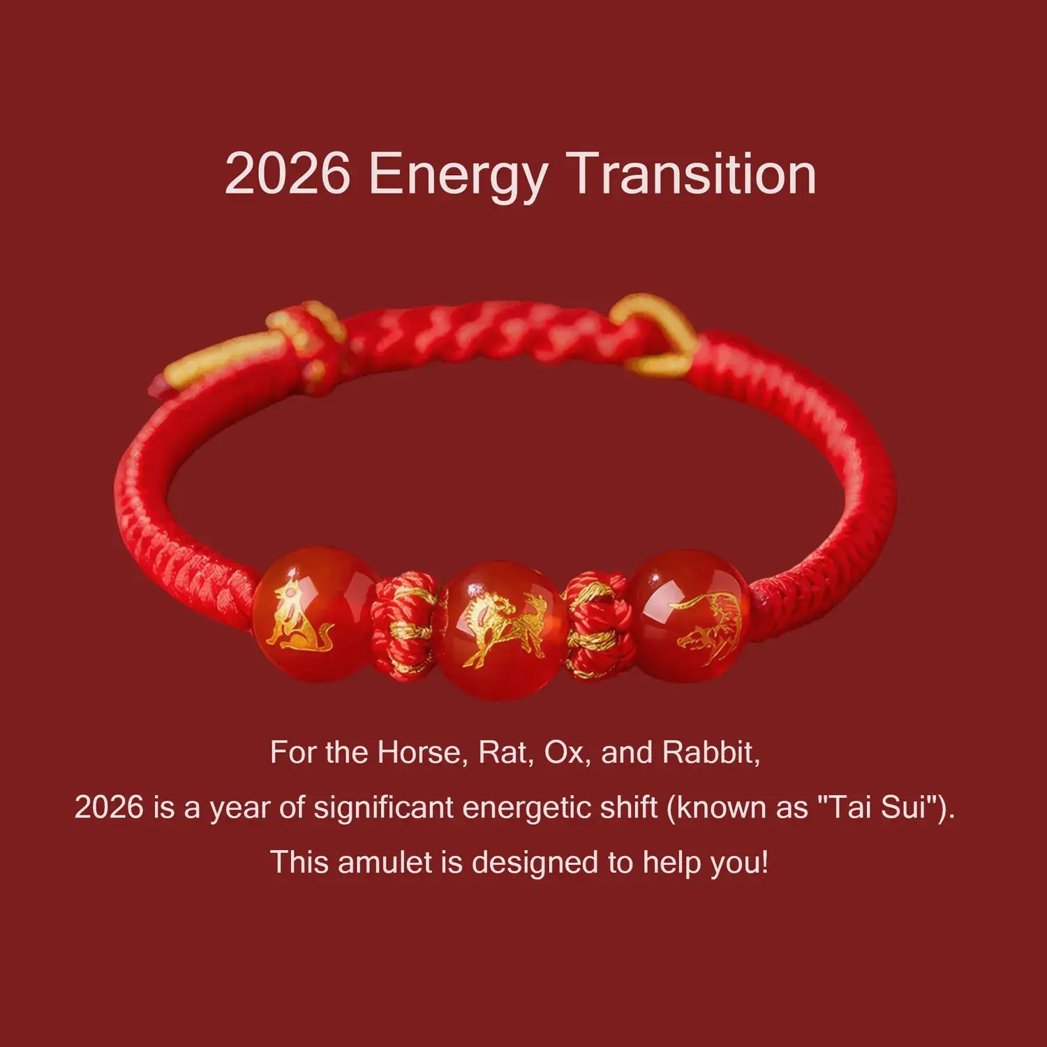 Red bracelet with gold accents and red beads on a red background, featuring text about 2026 energy transition.