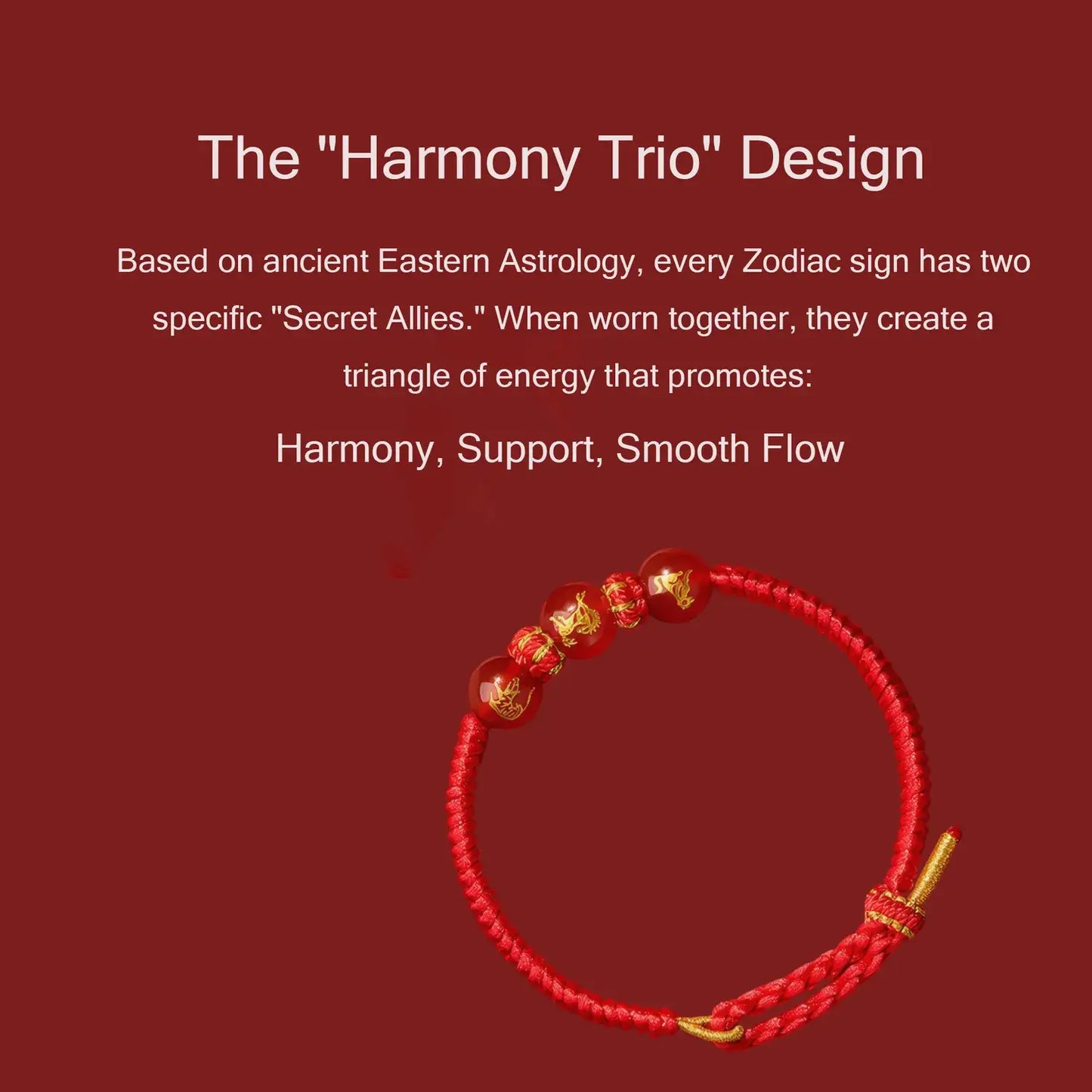 Red bracelet with gold accents on a red background, featuring text about 'Harmony Trio' design.