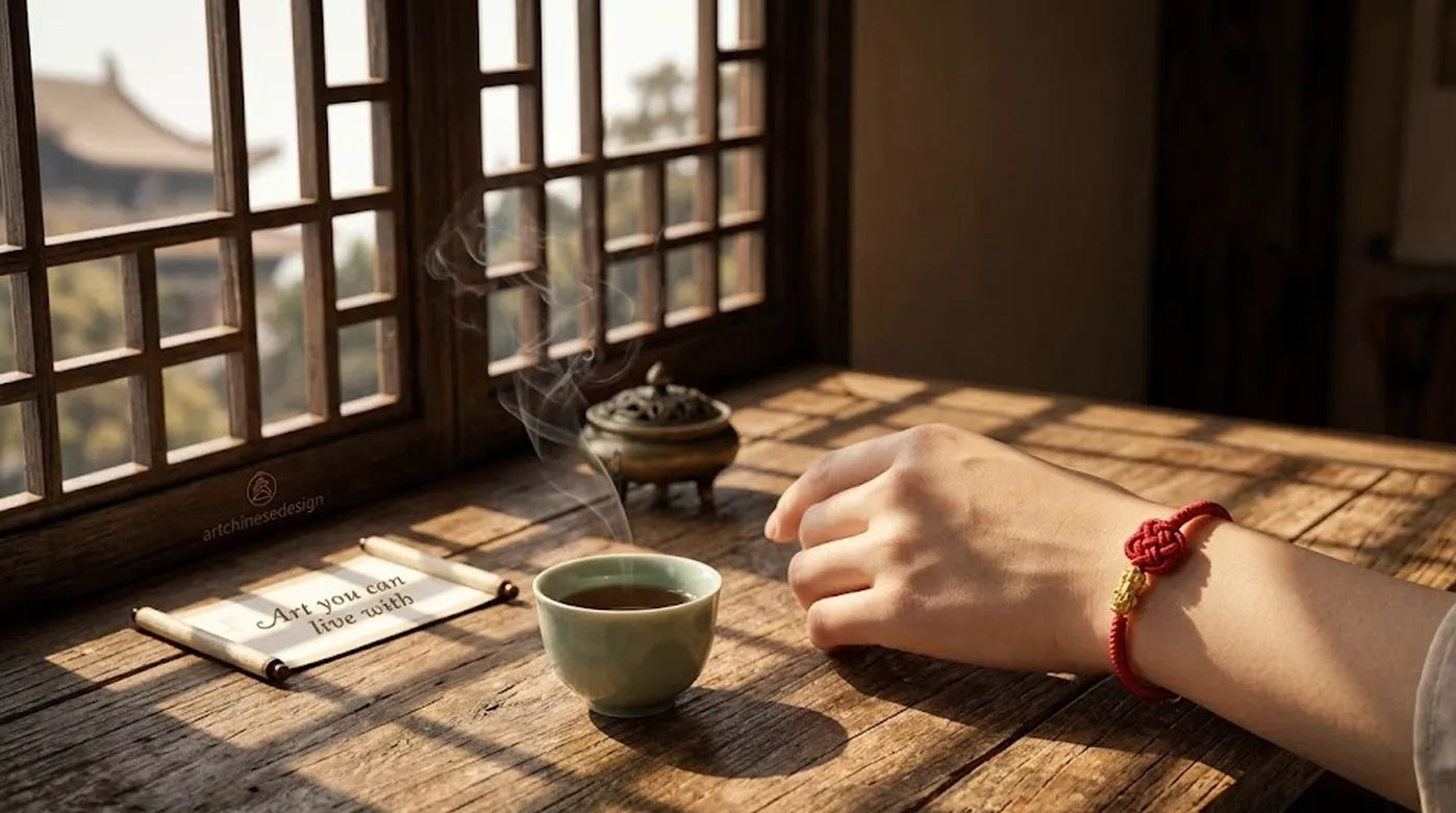 Person holding a teacup on a wooden table with a window in the background