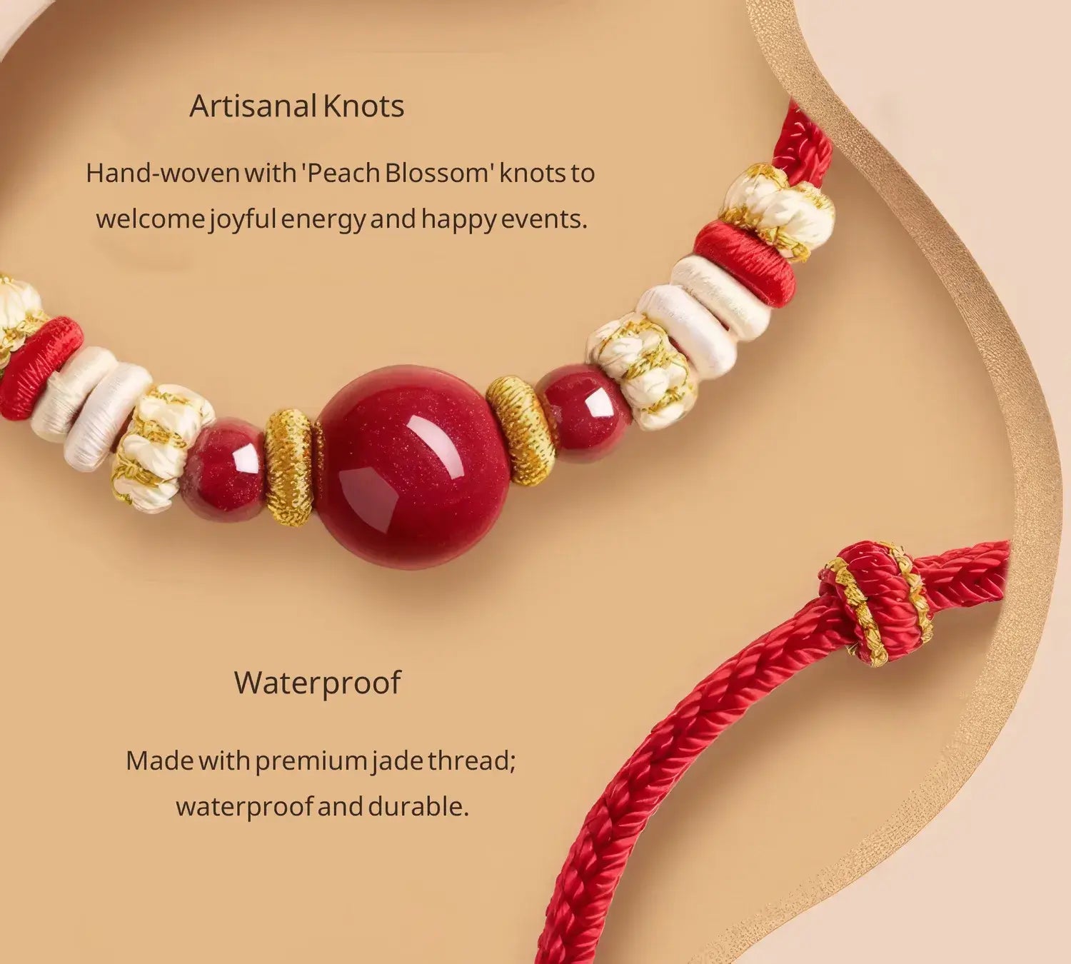 Artisanal knot bracelet with red, white, and gold beads on a beige background