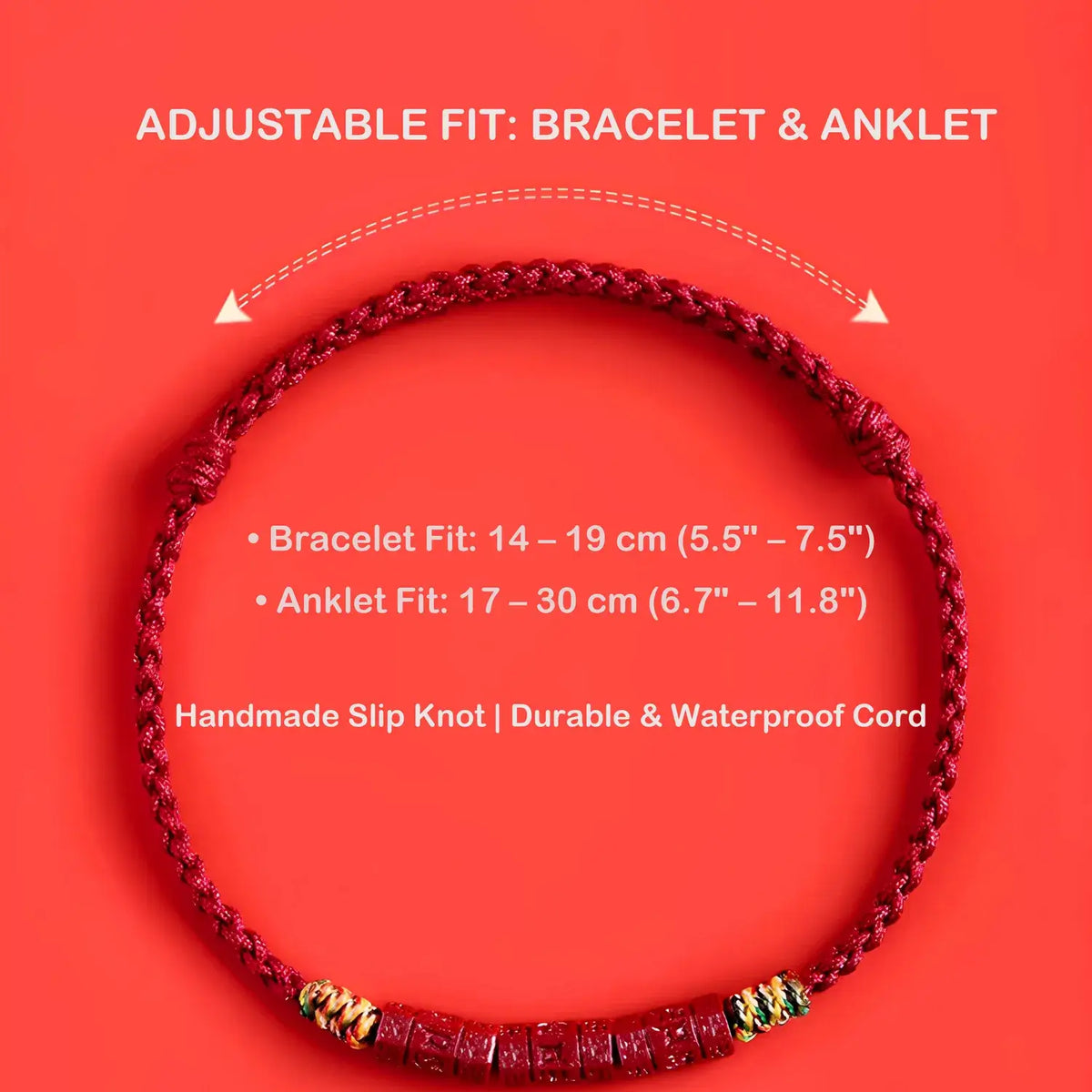 A red braided adjustable bracelet and anklet set displayed on a bright red background with white text detailing fit measurements and features.