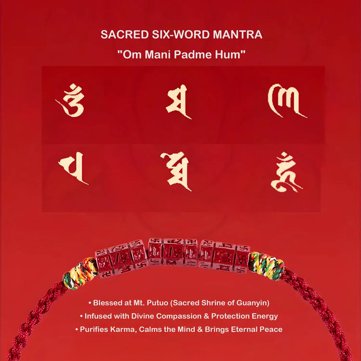A red square graphic featuring the text 'SACRED SIX-WORD MANTRA' and 'Om Mani Padme Hum' above Tibetan-style gold script, with a braided red cord bracelet and multicolored beads shown along the bottom.