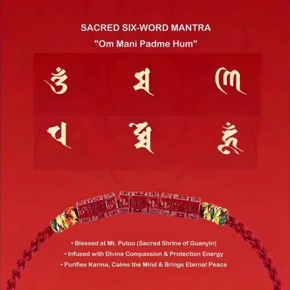 A red square graphic featuring the text 'SACRED SIX-WORD MANTRA' and 'Om Mani Padme Hum' above Tibetan-style gold script, with a braided red cord bracelet and multicolored beads shown along the bottom.