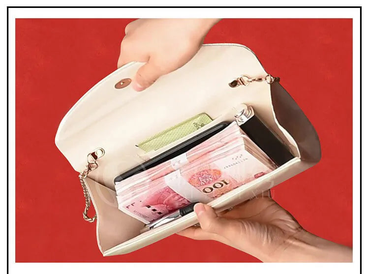 Beige wallet with money against a red background