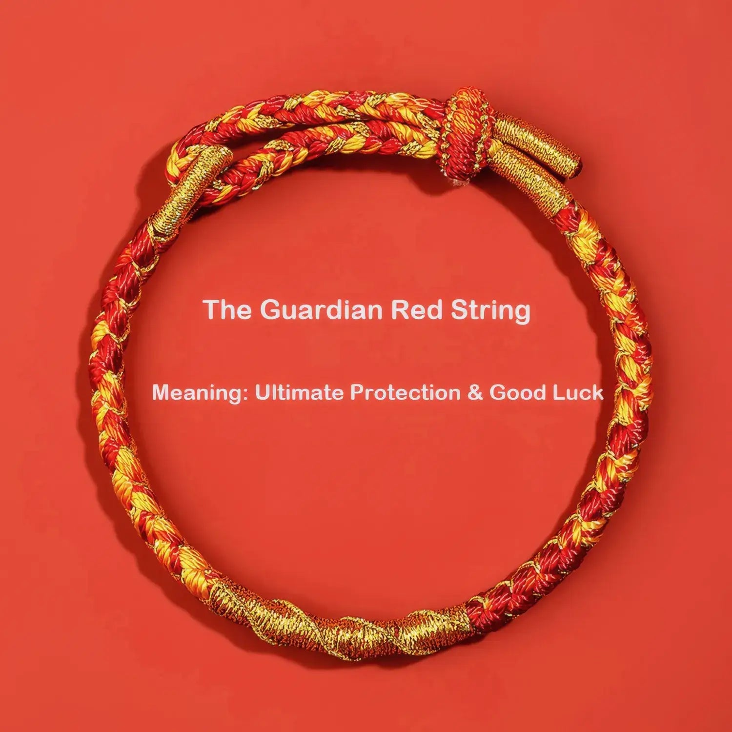 Red and gold braided bracelet on a red background with text about its meaning.