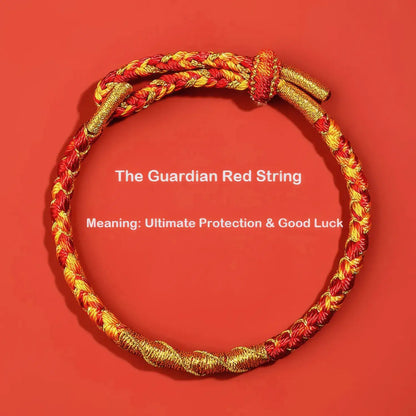 Red and gold braided bracelet on a red background with text about its meaning.