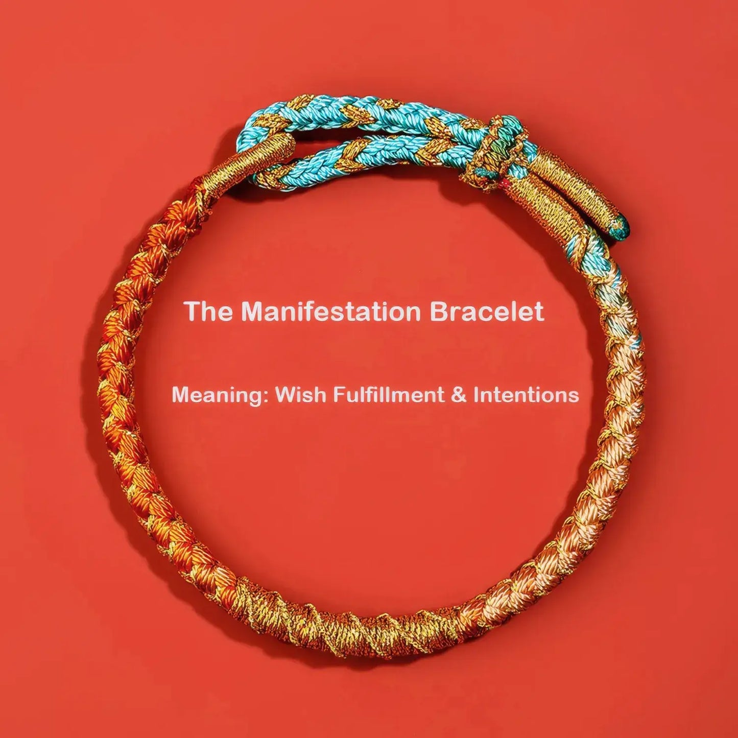 Bracelet with gold and blue threads on a red background, labeled 'The Manifestation Bracelet'.