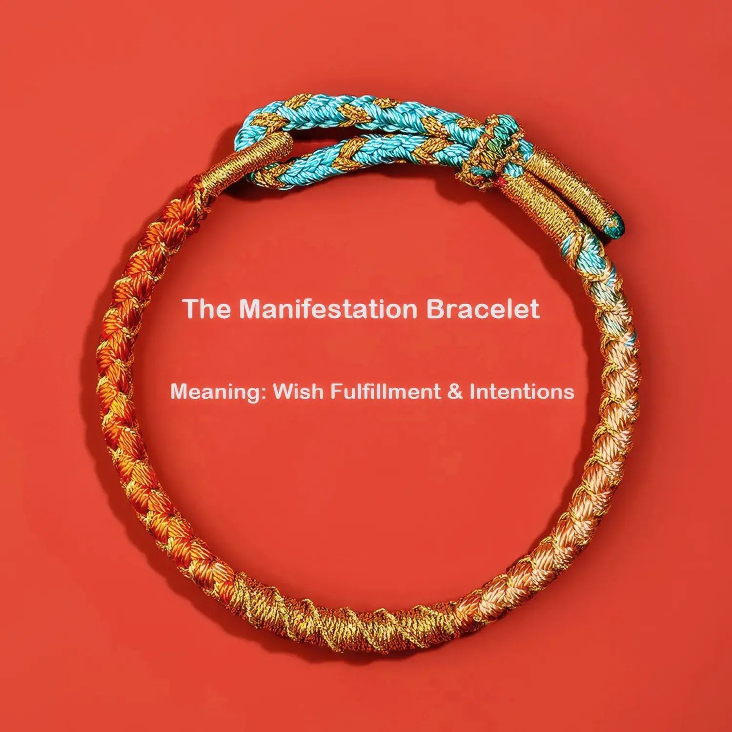 Bracelet with gold and blue threads on a red background, labeled 'The Manifestation Bracelet'.