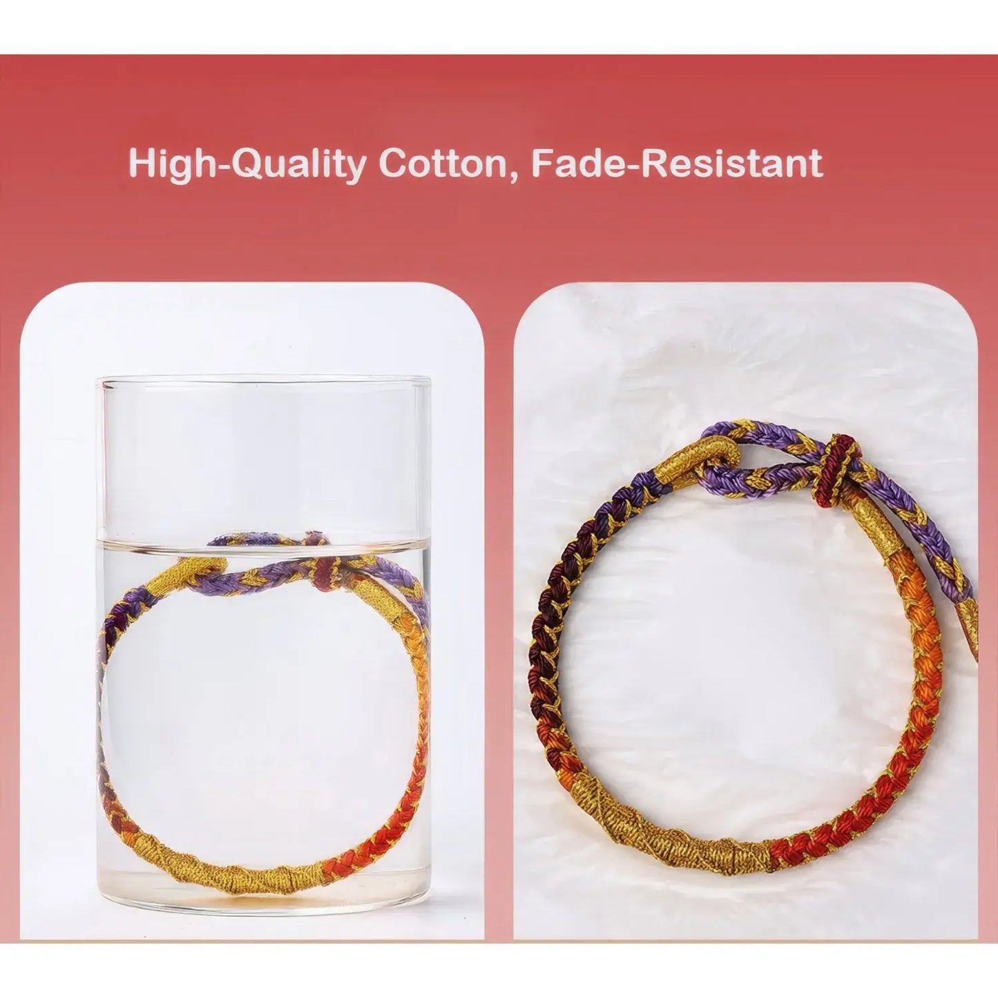 Colorful bracelet with a glass of water on a white background, highlighting high-quality cotton and fade-resistance.