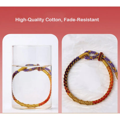 Colorful bracelet with a glass of water on a white background, highlighting high-quality cotton and fade-resistance.
