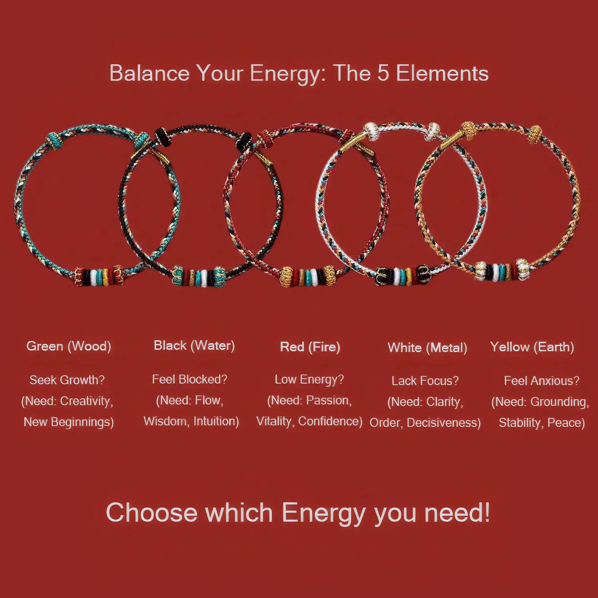 Five beaded bracelets on a red background with energy balance text.