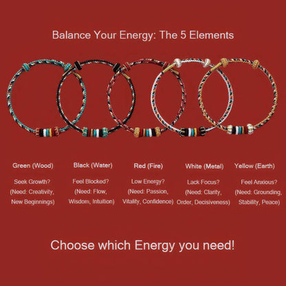 Five beaded bracelets on a red background with energy balance text.