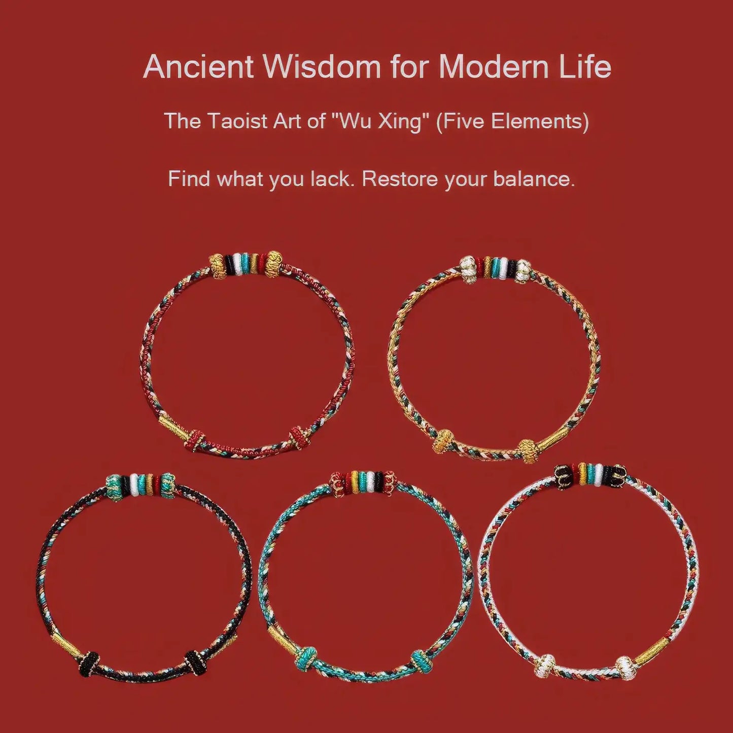 Five braided bracelets on a red background with text about Taoist art of 'Wu Xing'.