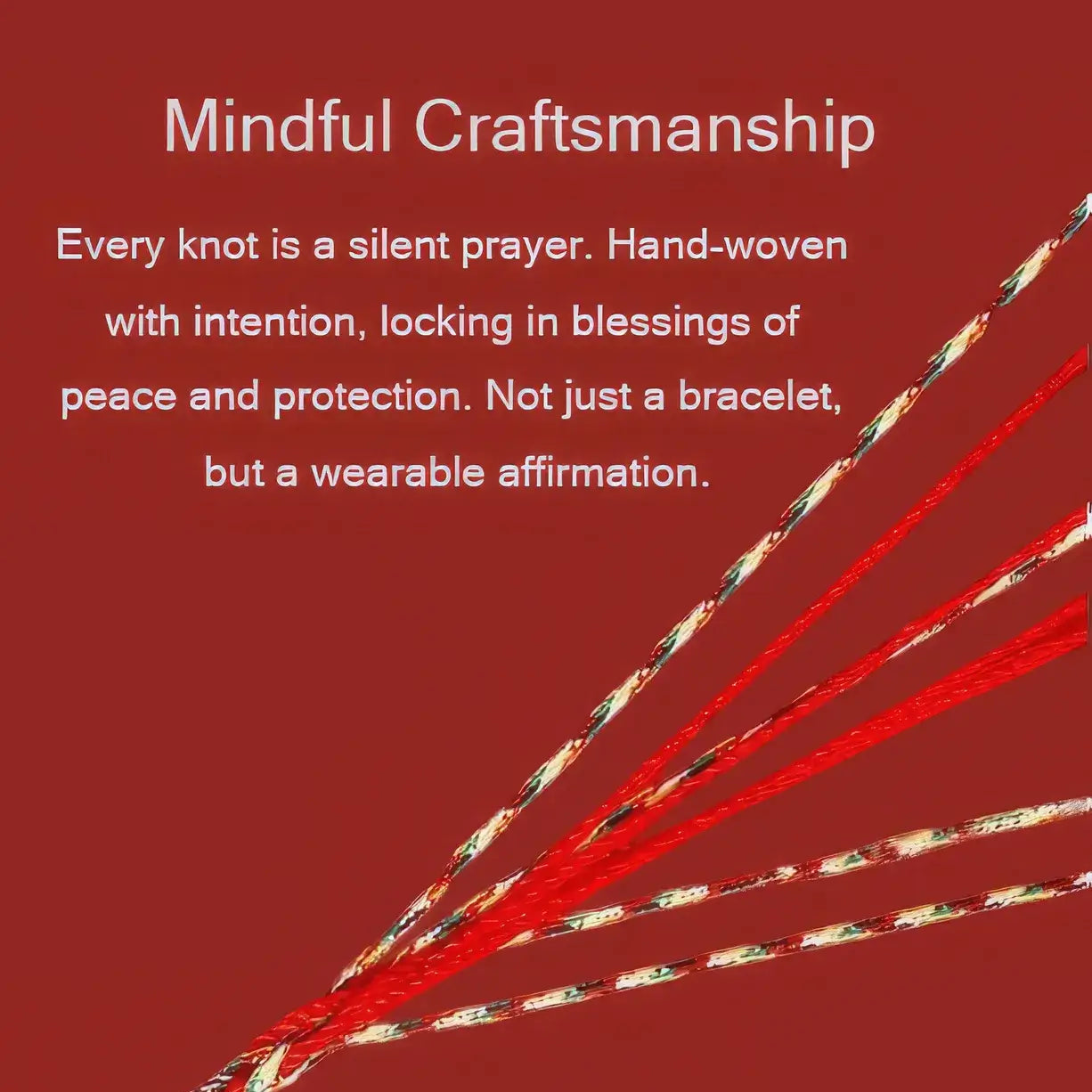 Red and gold braided cord with text on a red background, promoting mindful craftsmanship.