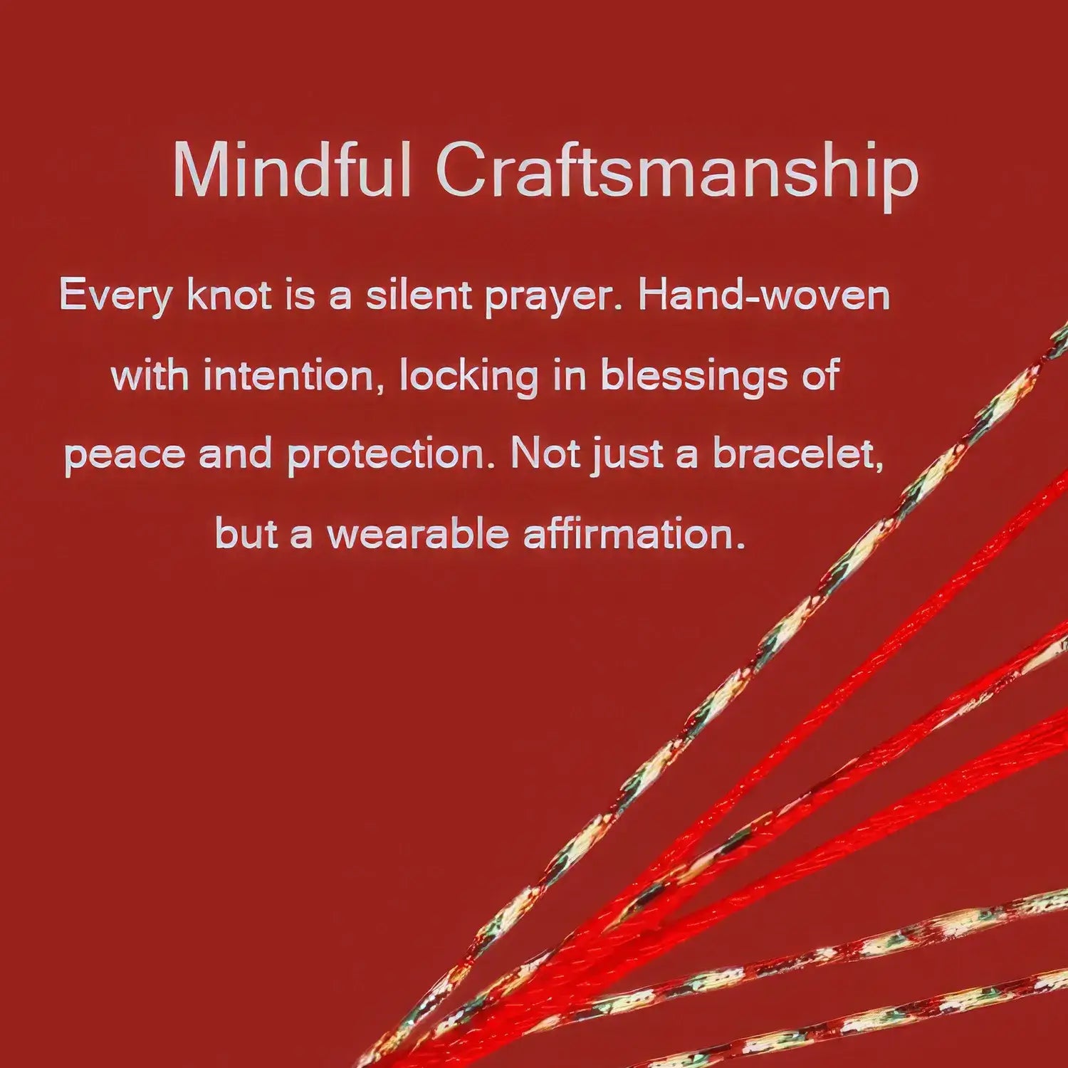 Red and gold braided cord with text on a red background, promoting mindful craftsmanship.