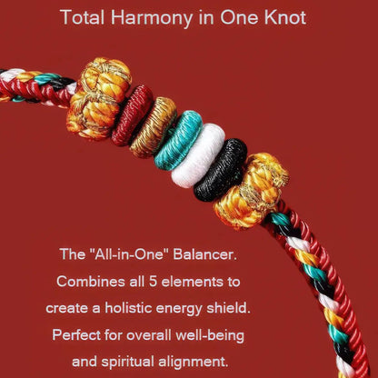 Colorful braided cord with a knot on a red background, featuring text about holistic energy shield.