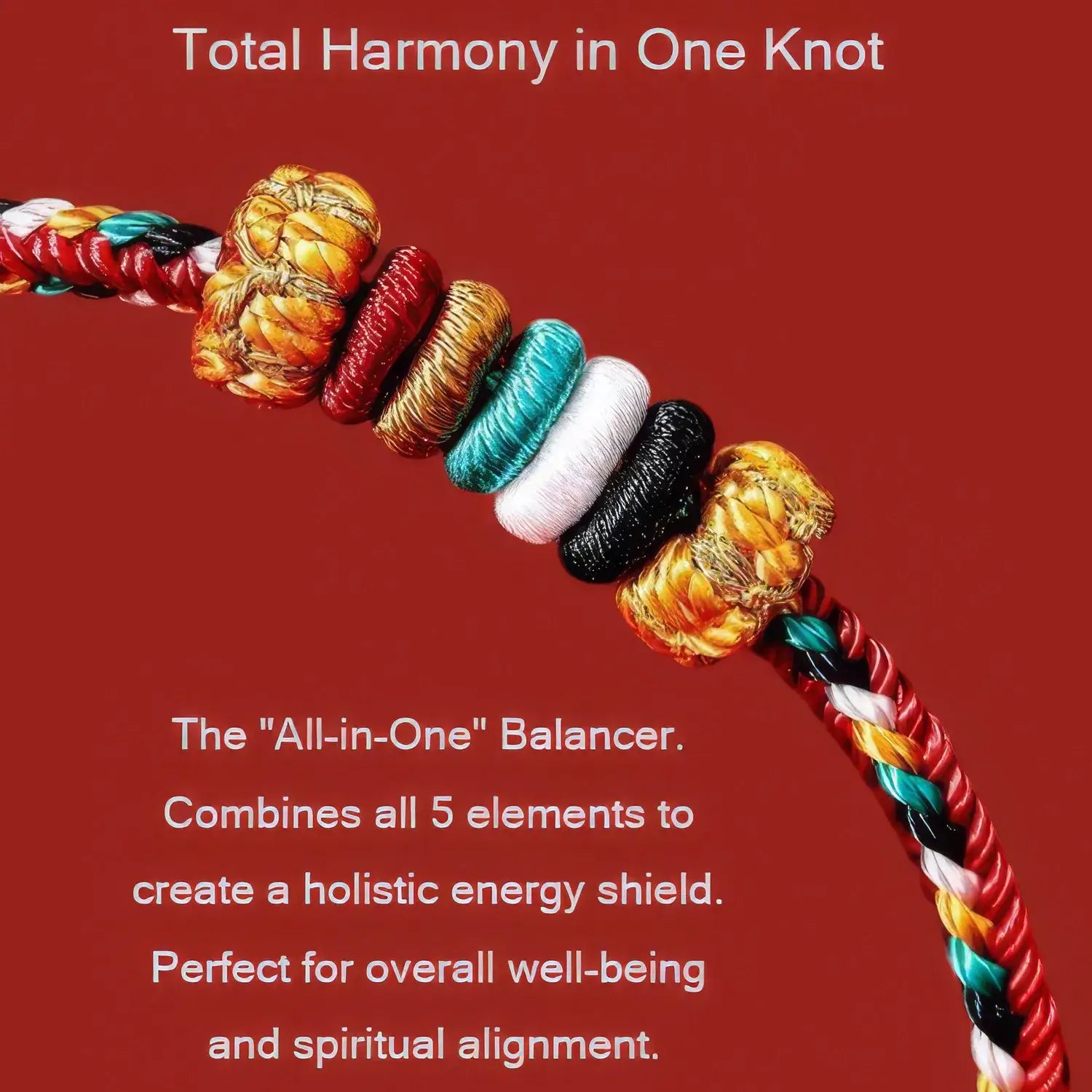Colorful braided cord with a knot on a red background, featuring text about holistic energy shield.