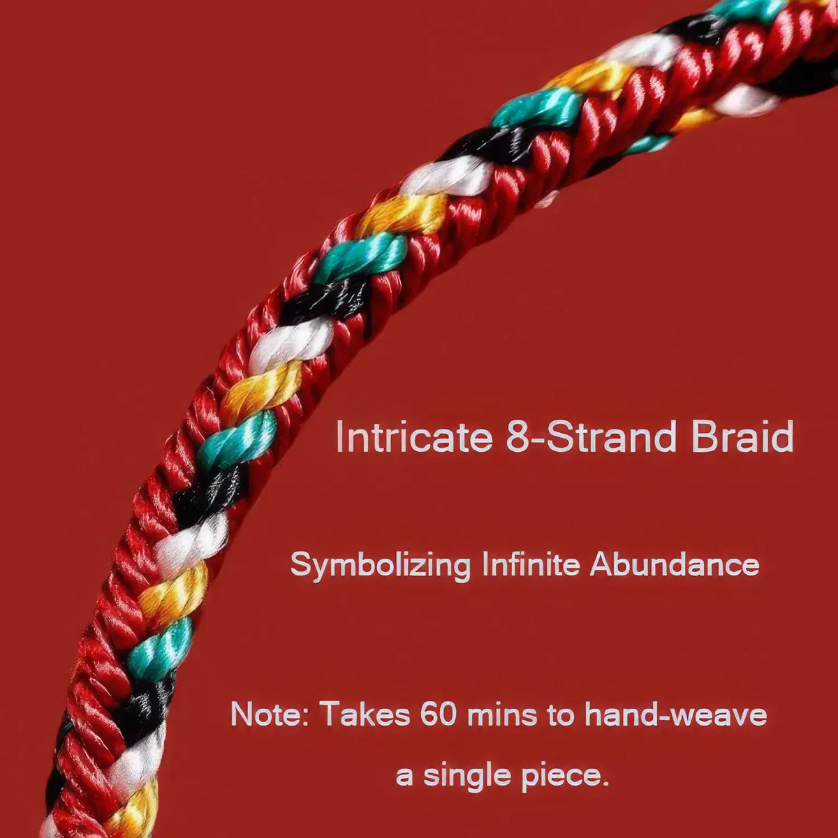 Intricate 8-strand braid with colorful threads on a red background