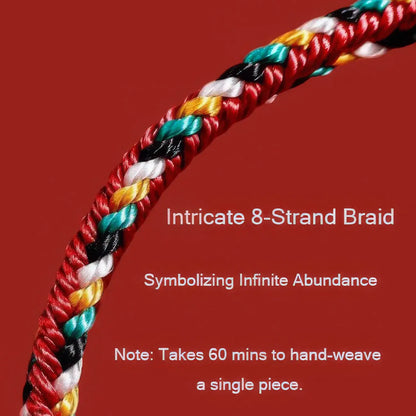 Intricate 8-strand braid with colorful threads on a red background