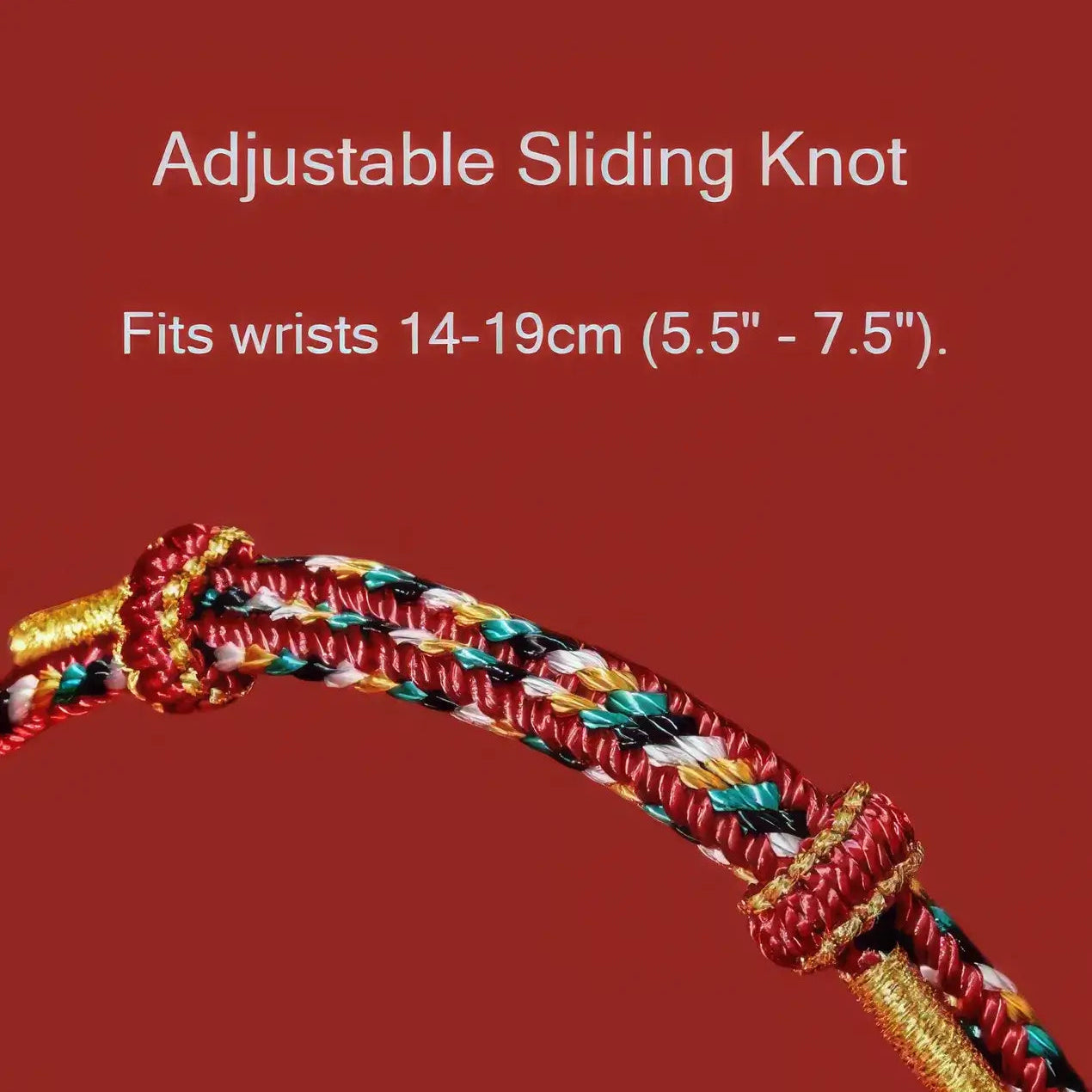Adjustable sliding knot with colorful braided design on a red background