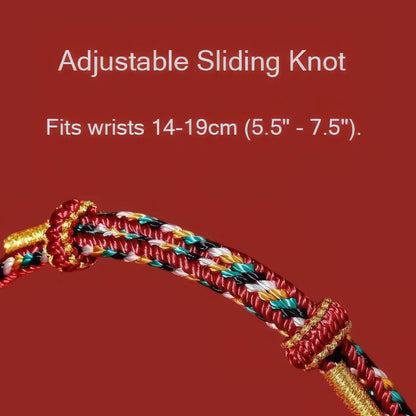 Adjustable sliding knot with colorful braided design on a red background